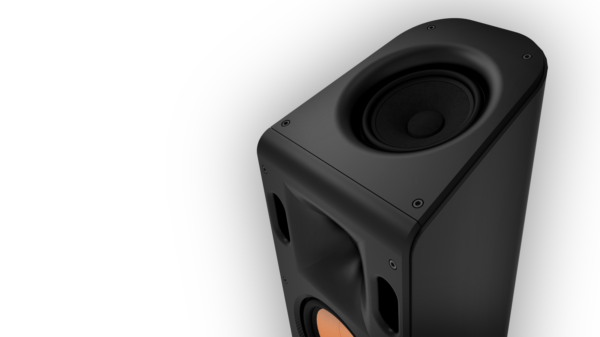 Close-up shot of a Reference Cinema System Satellite Speaker's top portion including upfiring elevation driver